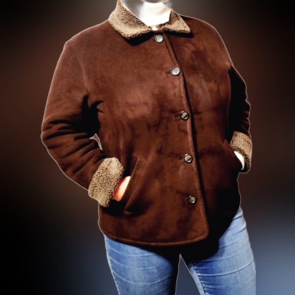 Orvis Women's Faux Suede Sherpa Jacket Brown Chocolate Lightweight, Large - Picture 4 of 16